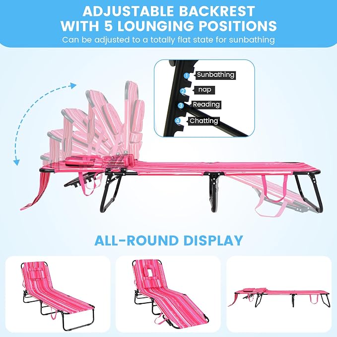 GYMAX Tanning Chair, 350lbs Beach Lounge Chair - Image 6