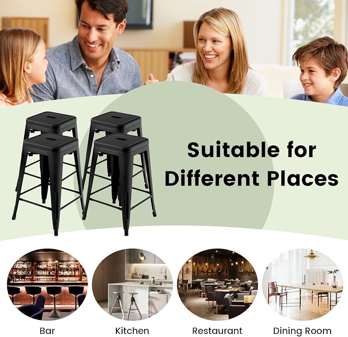 COSTWAY Bar Stools Set of 4, 24” Stackable Metal Stools - Image 8