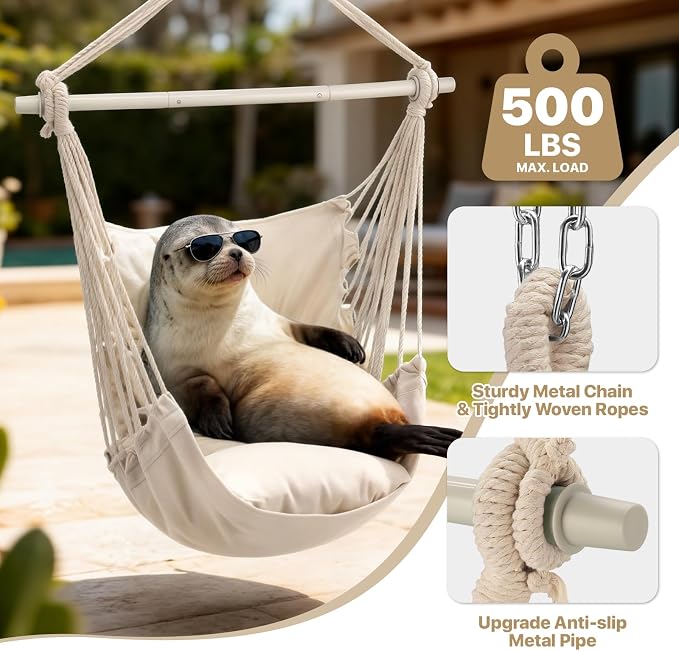 MoNiBloom Hammock Chair Hanging Rope Swing w/2 Cushions, Boho Macrame Hanging - Image 4