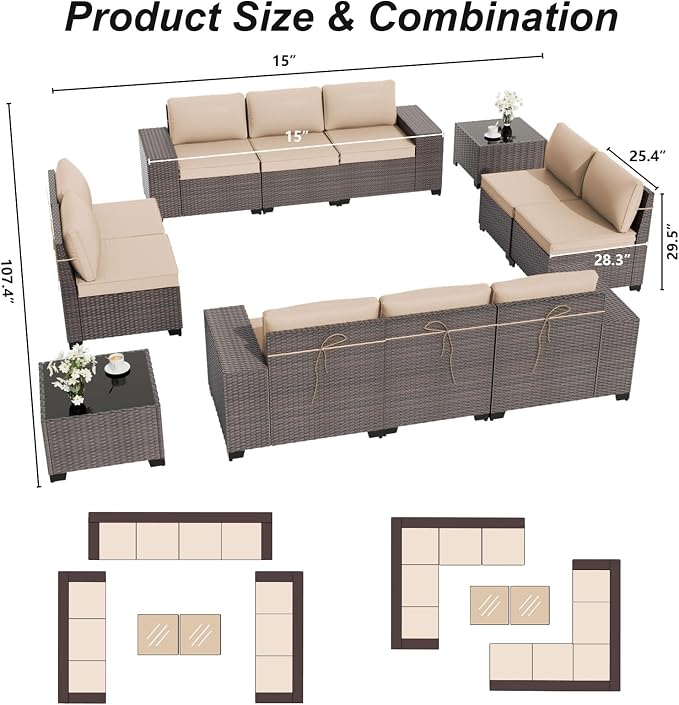 ALAULM 12 Pieces Outdoor Patio Furniture Set Sectional Sofa Sets Brown PE - Image 5