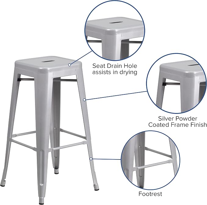 Flash Furniture Commercial Grade 30" High Backless Silver Metal Indoor-Outdoor - Image 4