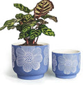 YBX 8 Inch + 6 Inch White Flower Pattern Plant Pots, Sand Glazed Ceramic Planter by YBXYIBOXUAN