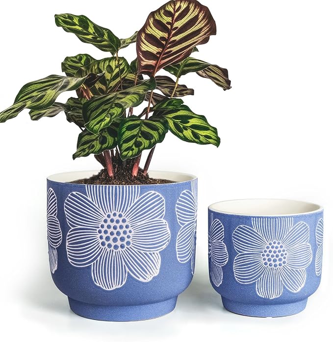 YBX 8 Inch + 6 Inch White Flower Pattern Plant Pots, Sand Glazed Ceramic Planter by YBXYIBOXUAN