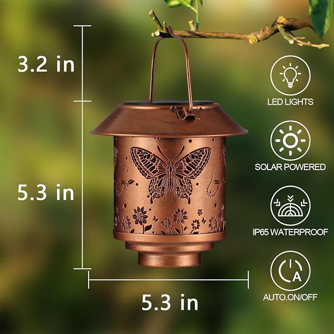 Outdoor Hanging Solar Lantern Waterproof Outside Metal Butterfly Pattern - Image 6