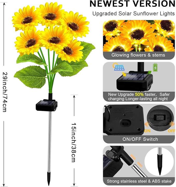 6 Pack with 36 Sunflower Lights, Solar Lights Outdoor Garden Decor, Solar - Image 4