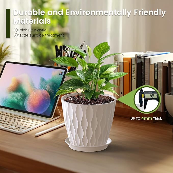 7 inch Plant Pots for Indoor Outdoor Plants, 5 Pack Thick Nursery Pots - Image 4