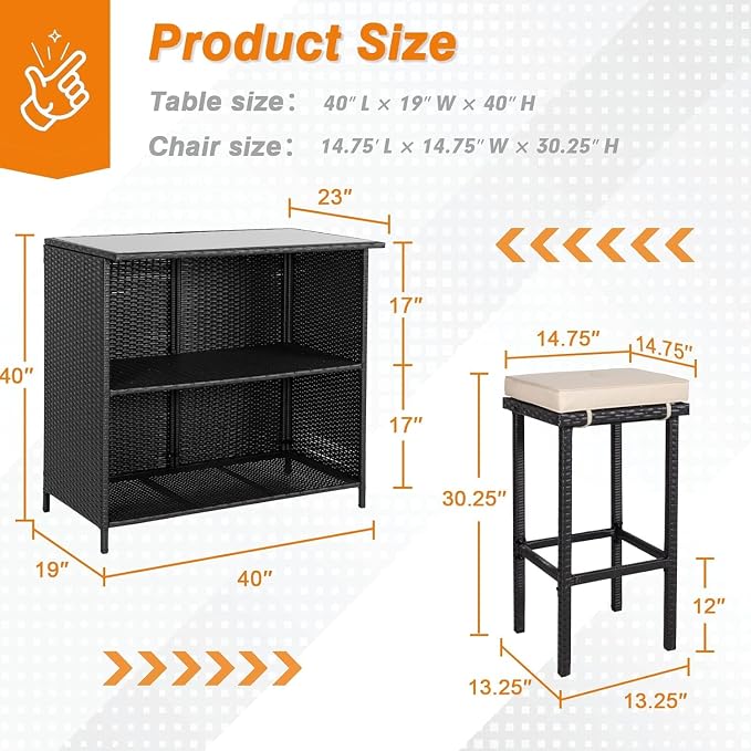 Outdoor Bar Set 3-Piece Rattan Wicker Patio Furniture, Glass Bar and Two Stools - Image 7