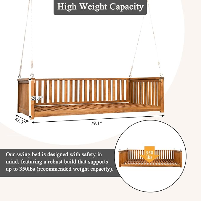LUMISOL Twin Size Patio Swing Bed, Wooden Porch Swing Frame - Image 2