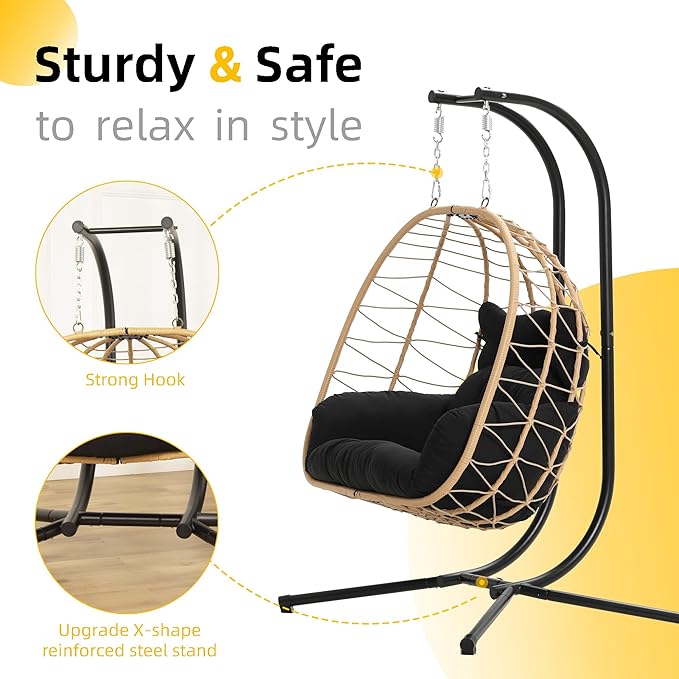 DoubleTT Double Indoor/Outdoor Wicker Swing Egg Chair Hammock Foldable Hanging - Image 2
