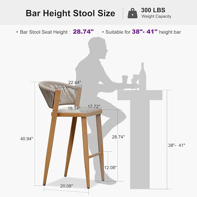 PURPLE LEAF Bar Stool Set of 2 Outdoor Bar Chairs Rattan Bar Height Stools Hold - Image 3