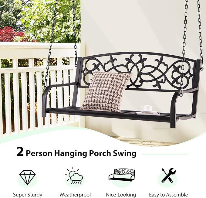 Giantex Patio Metal Porch Swing, 2-Person Hanging Porch Swing Bench - Image 4