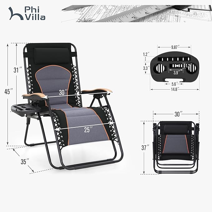 PHI VILLA XXL Oversized Padded Zero Gravity Chair, Foldable Patio Recliner - Image 3