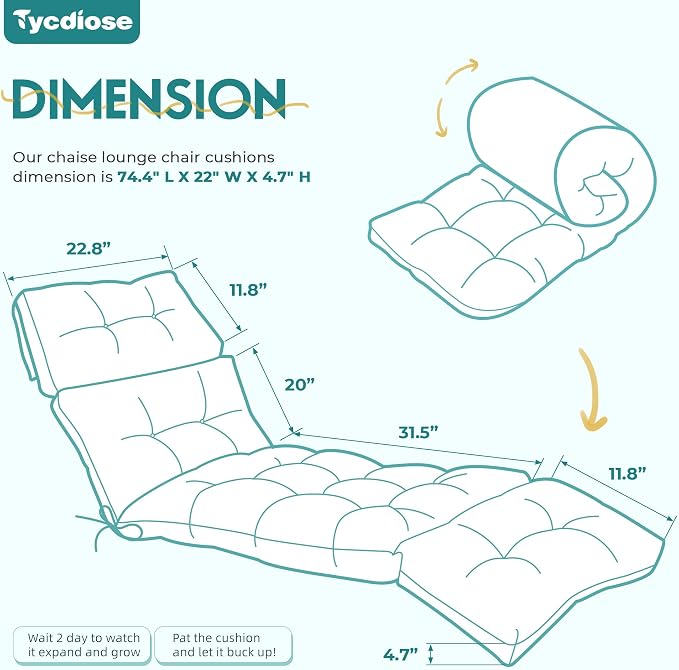 Outdoor Chaise Lounge Chair Cushion Waterproof 74.4 x 22 x 4.7 Inches Memory - Image 2