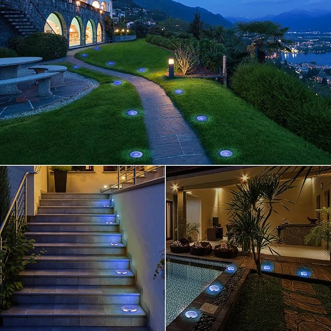LYHOPE Solar Ground Lights Outdoor, 16 Pack 8 LED Solar Disk Lights Waterproof - Image 2