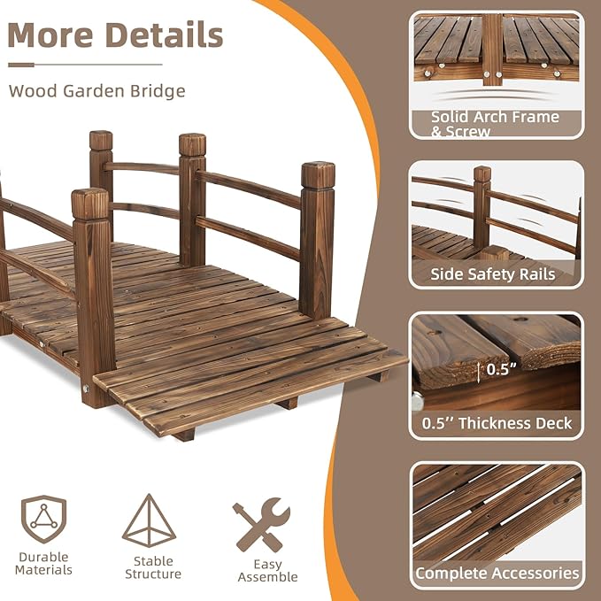 Wood Garden Bridge Classic Wooden Arch Stained Finish Footbridge - Image 3