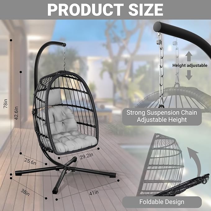 CHABATREE Egg Chair with Stand, Patio Rattan Wicker Hanging Swing Egg Chair - Image 4