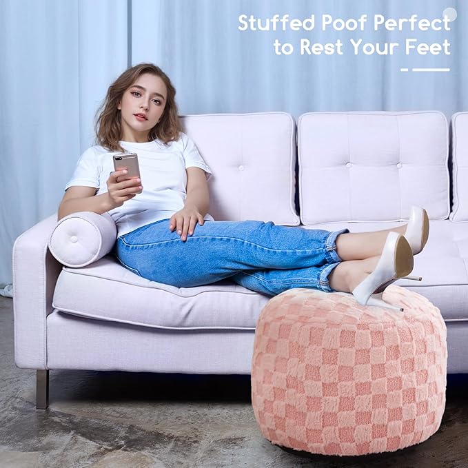 HIGOGOGO Round Stuffed Pouf Ottoman, Plaid Poufs - Image 6