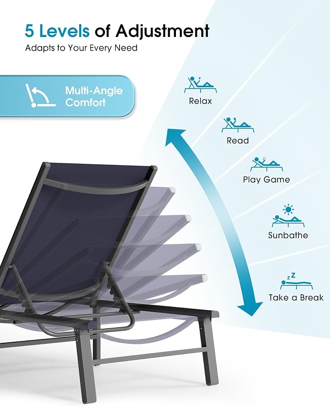Ciokea Foldable Outdoor Lounge Chair Set of 2, No Assembly Aluminum Chaise - Image 7