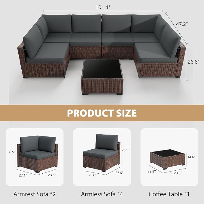 KIGOTY Patio Furniture Set, 7 Pieces Modular Outdoor Sectional Sofa, PE Rattan - Image 3