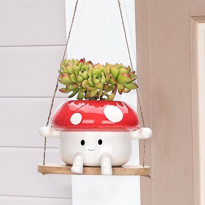 Fungi Fun Mushroom Hanging Planter Pot, Cute Ceramic Swing Face Planter - Image 6