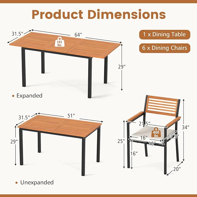 Tangkula 7 Piece Patio Dining Set, Outdoor Acacia Wood Cushioned Chairs and - Image 9