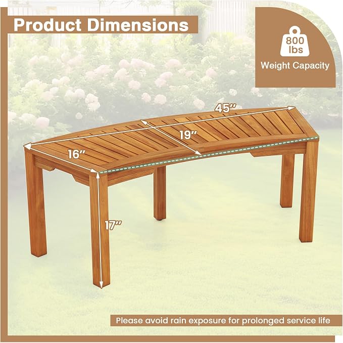 Tangkula Outdoor Curved Bench, Acacia Wood Fire Pit Bench w/Slatted Seat - Image 3