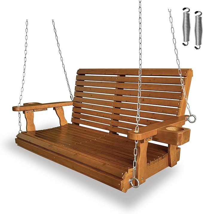 Wooden Porch Swing 2-Seater, High Backrest and Deep Seat, Bench Swing by FortuneCandy