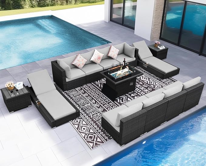 NICESOUL 13 Piece Outdoor Sectional w/Fire Pit Table, Luxury Modular Patio - Image 2