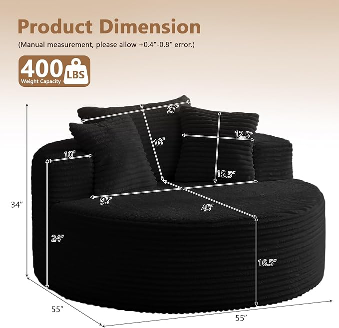 Oversized Round Chair Lounge Chaise Indoor, Upholstered Corduroy Deep Seat - Image 2