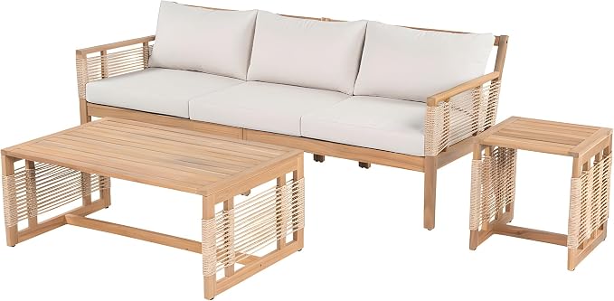 Outdoor 3-Seater Sofa Set with 2 Coffee Tables, Patio Acacia Wood Frame - Image 2