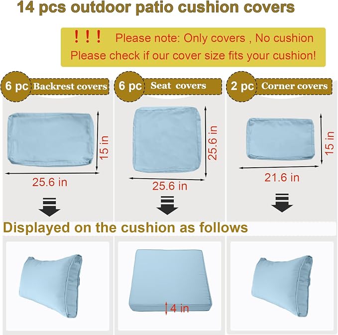 14 Piece Outdoor Patio Cushion Cover Replacement, Waterproof Patio Cushion - Image 2