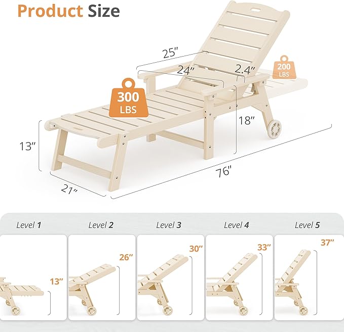 LUE BONA Outdoor Chaise Lounge Chairs Set of 2, HDPS Chaise Lounger, 5 - Image 2