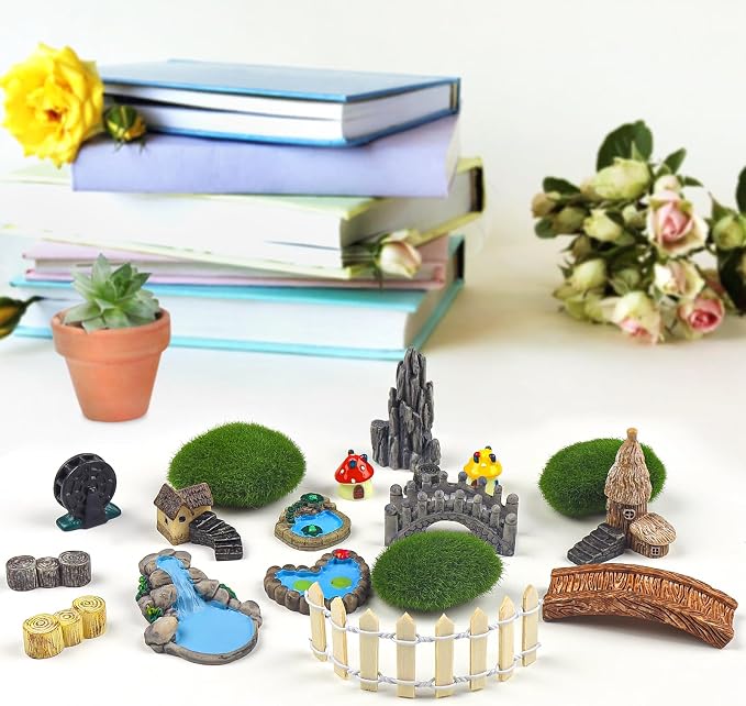 21 Pcs Fairy Garden Miniatures Accessories Bridge House Landscape Water Well - Image 7
