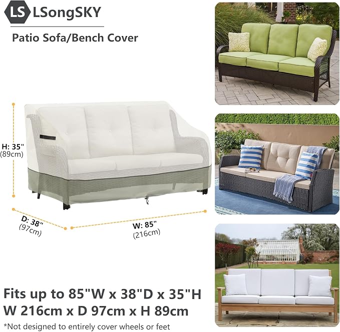 Patio 3-Seater Sofa Cover, Outdoor Couch Cover Fits up to 85W x 38D x 35H Inches - Image 3