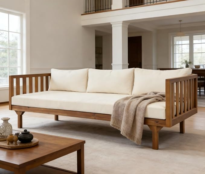 Merax Solid Acacia Wood Couch Chaise Lounge Chair Indoor, 3 Seater Daybed Sofa - Image 4