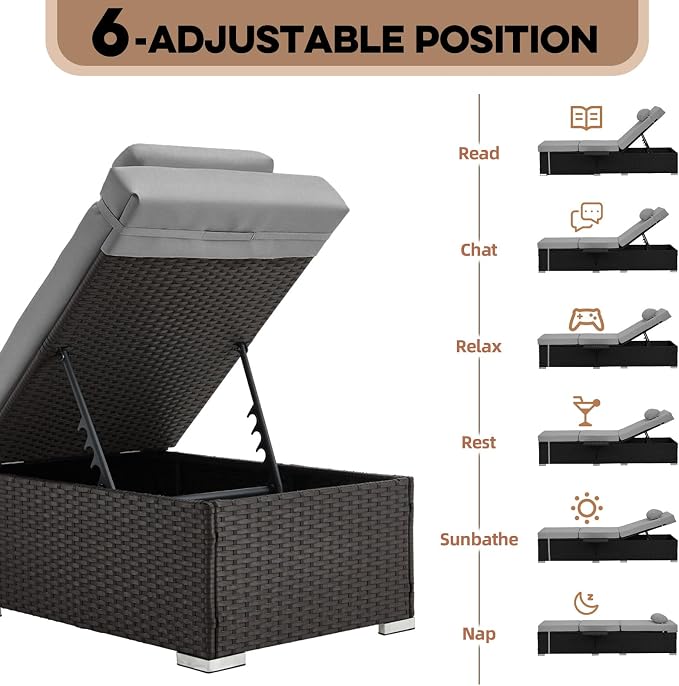 Outdoor Chaise Lounge with Adjustable Backrest Set of 4, 6-Position Reclining - Image 3
