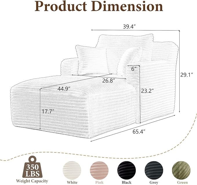 65.4" Chaise Lounge Chair Indoor, Oversized Boneless Couch Comfy Upholstered - Image 2