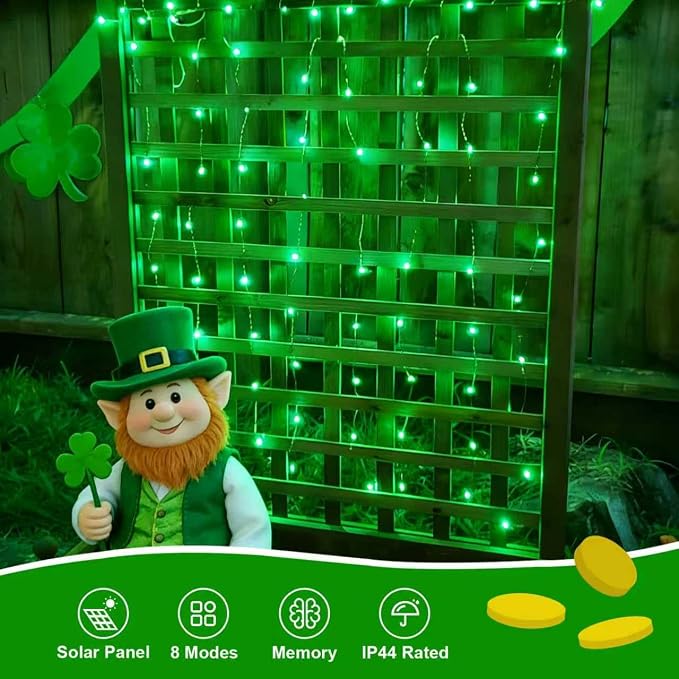 QITONG 4 Pack Solar St. Patricks Fairy Lights, Each 33ft 100 LED Green - Image 2