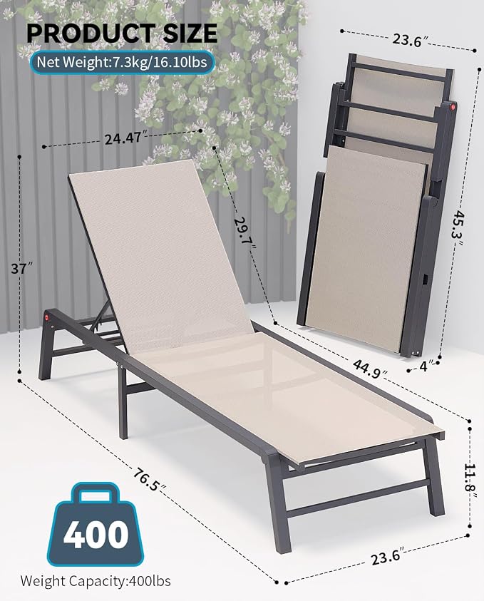 Aluminum Chaise Lounge Chair Outdoor, Foldable Patio Lounge Chair Assemble-Free - Image 2