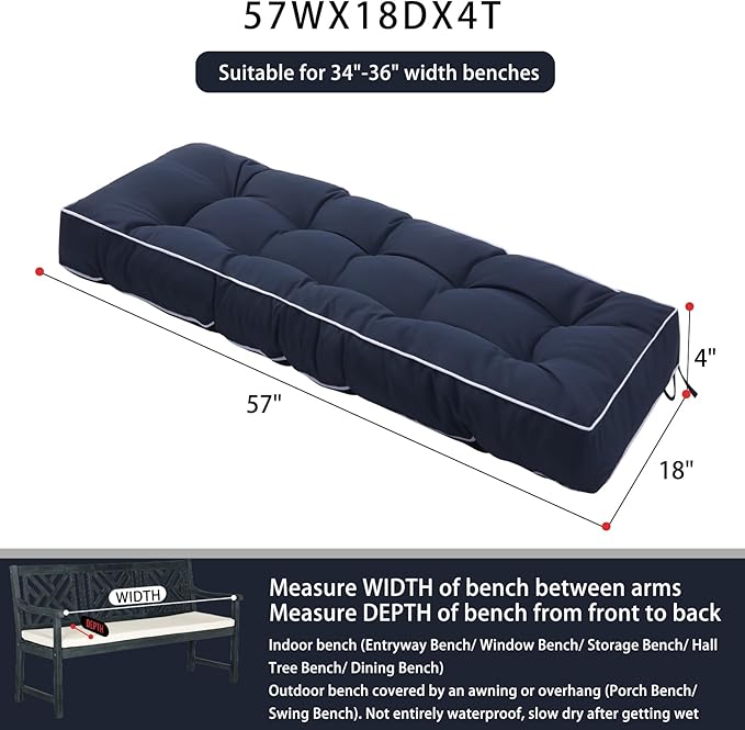 3 Seat 57 Inches Outdoor Porch Swing Cushions, Water-Resistant Tufted Patio - Image 6
