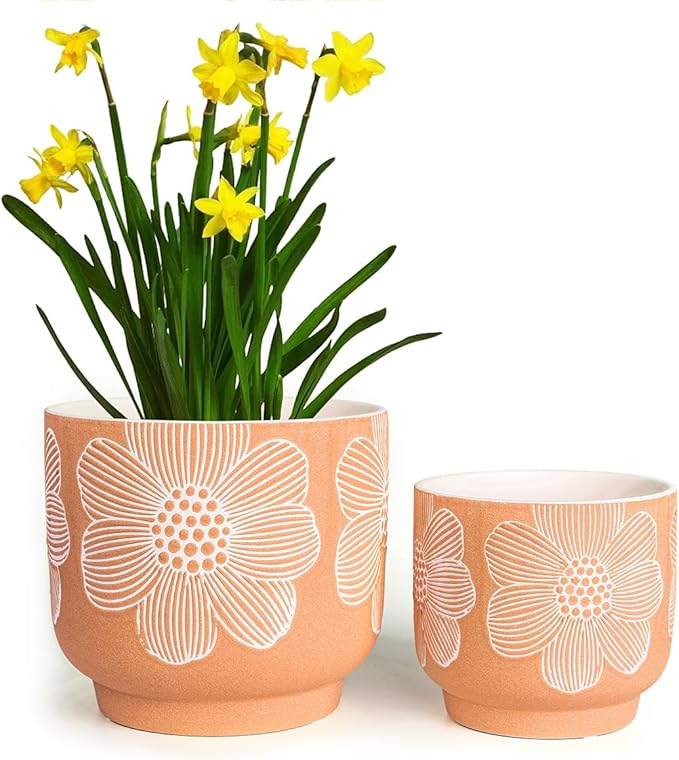 YBX 8 Inch + 6 Inch White Flower Pattern Plant Pots, Sand Glazed Ceramic Planter by YBXYIBOXUAN