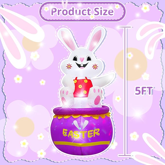 5FT Easter Bunny Inflatable Outdoor Decorations Build-in LED Lights, Cute - Image 3