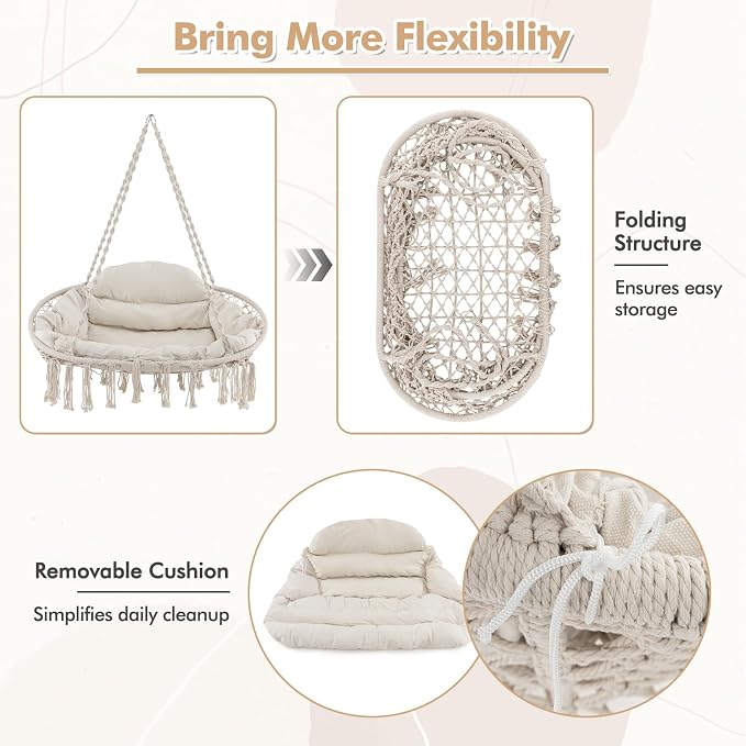 Tangkula 2-Person Hanging Hammock Chair, Boho Style Macrame Hammock Swing - Image 5