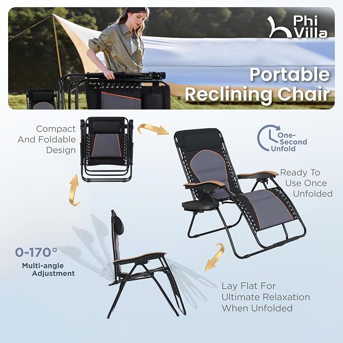 PHI VILLA XXL Oversized Padded Zero Gravity Chair Set of 2, Foldable Patio - Image 5