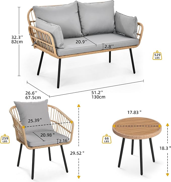 DWVO Patio Furniture Set 4 Pieces Boho Wicker Bistro Set, All Weather Outdoor - Image 3