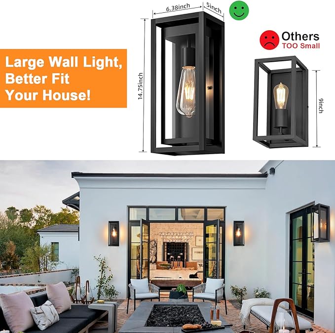 15" Large Outdoor Wall Lights, 2 Pack Matte Black Outdoor Sconces, Modern - Image 7