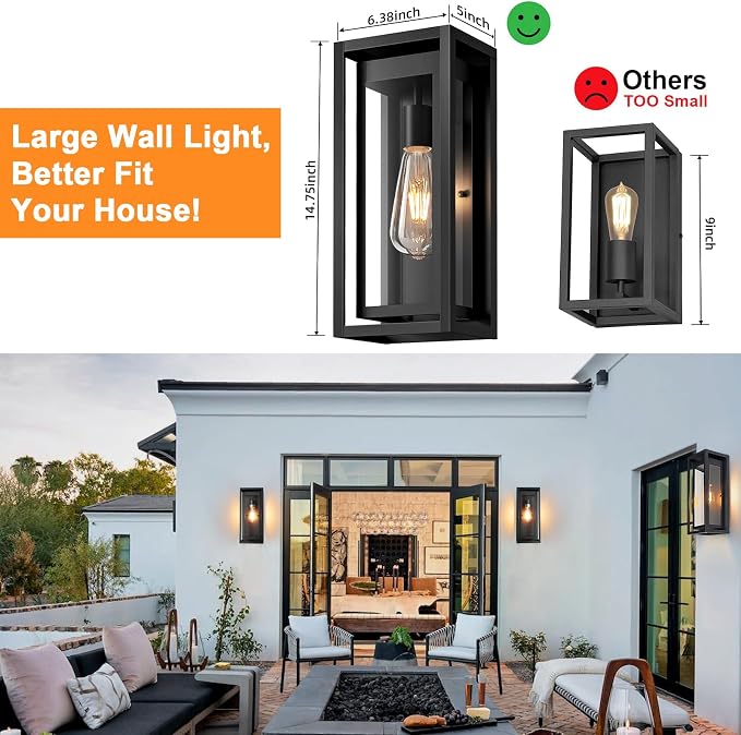 15" Large Outdoor Light Fixture Wall Mount, Matte Black Outdoor Sconce Lights - Image 5