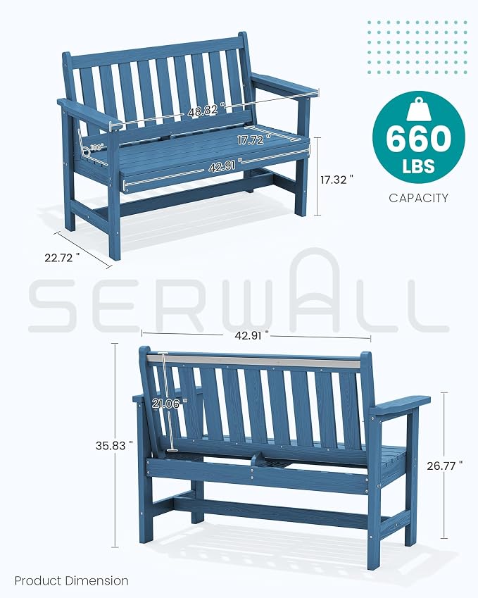 SERWALL HDPE Outdoor Benches Weatherproof, 2-Person Garden Bench - Image 3