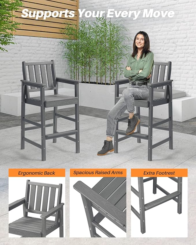 3 Pieces HDPE Outdoor Patio Bar Set, Rectangular Bar Height Table and Chairs Set - Image 7