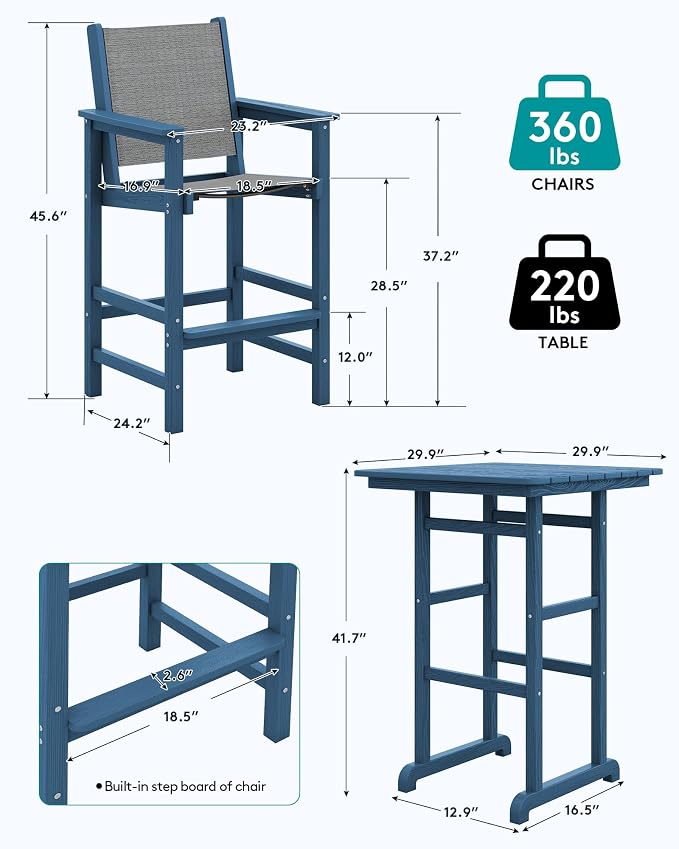 SERWALL 3 Pieces Textilene Adirondack Bar Set, Tall Adirondack Bar Height Chairs - Image 4
